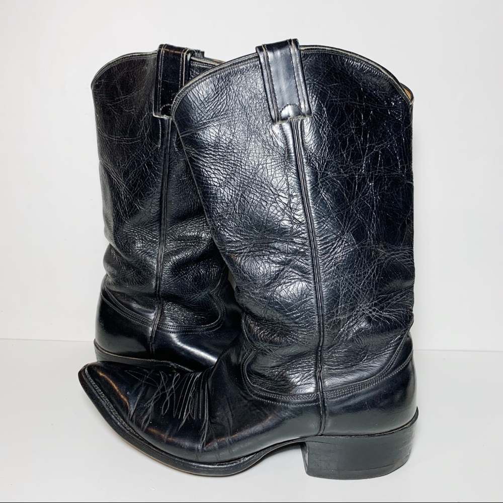 Nocona Black Leather Pointed Toe Cowboy Boots Wide